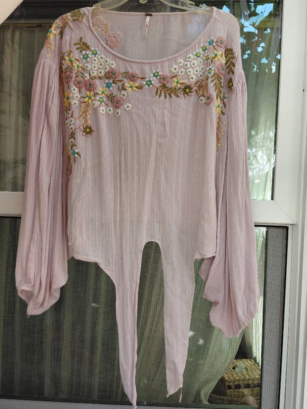 Free People Up and Away Embroidered Floral Blouse featuring a soft tie front